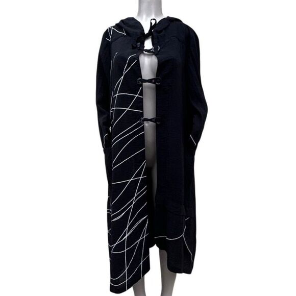 Tusso Hooded Duster Style Robe Women's Large Black White Open Front Abstract - Picture 10 of 11